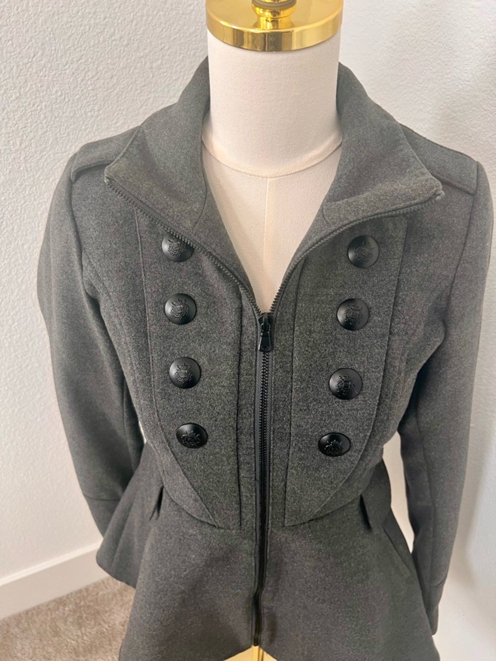 Anthropologie Pink Envelope Charcoal Military Peplum Coat Jacket Size S - Picture 3 of 11